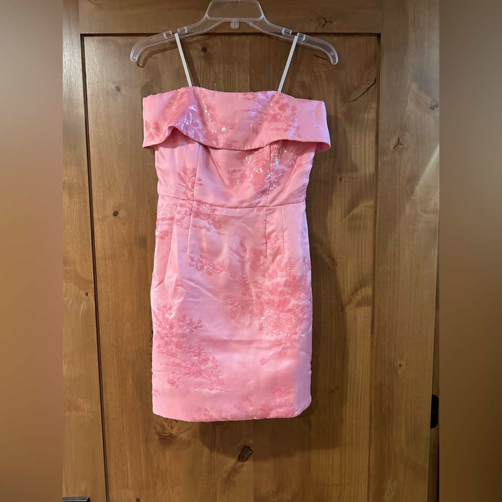 Monique Lhuillier Pink Strapless Floral Jacquard Sheath Mini Dress